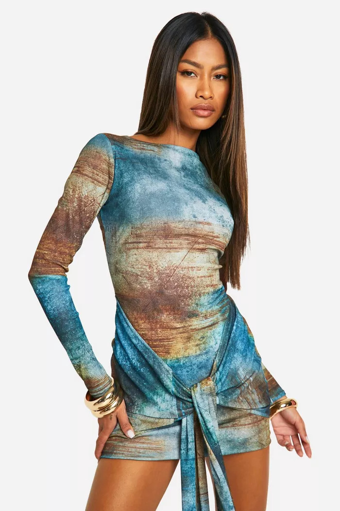 Printed Tie Front Mesh Mini Dress | Boohoo.com (UK & IE)