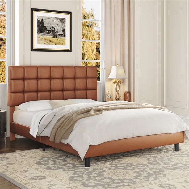 Yaheetech Modern Upholstered Platform Bed with Adjustable Tufted Headboard , Queen Size, Amber Br... | Walmart (US)