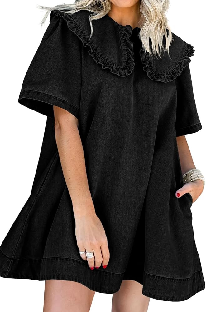 Wenrine Womens Summer Denim Mini Dress Oversized Peter Pan Collar Short Sleeve Casual Flowy Babyd... | Amazon (US)