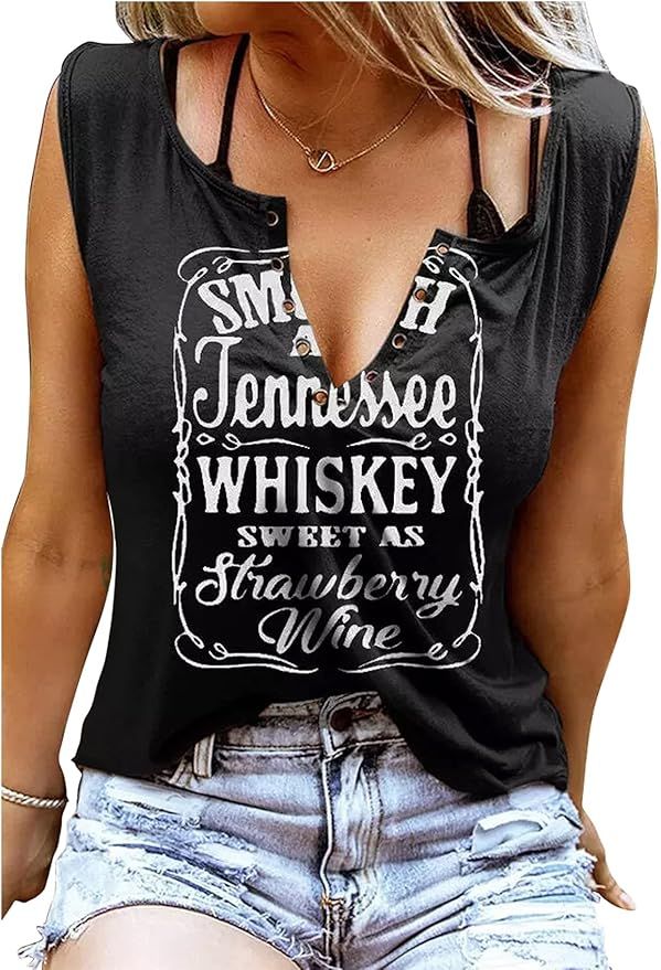 Smooth As Tennessee Whiskey Sweet As Strawberry Wine Tank Top Women Country Music Tee Ring Hole S... | Amazon (US)