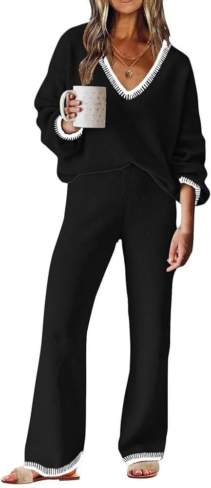 ETCYY NEW Womens 2 Piece Outfits Sweater Lounge Set Casual V Neck Knit Pajama Set Long Sleeve Top... | Amazon (US)