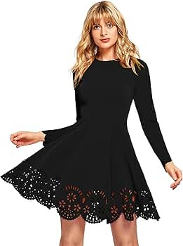 Romwe Women's Scalloped Hem Stretchy Knit Flared Skater A-line Dress | Amazon (US)