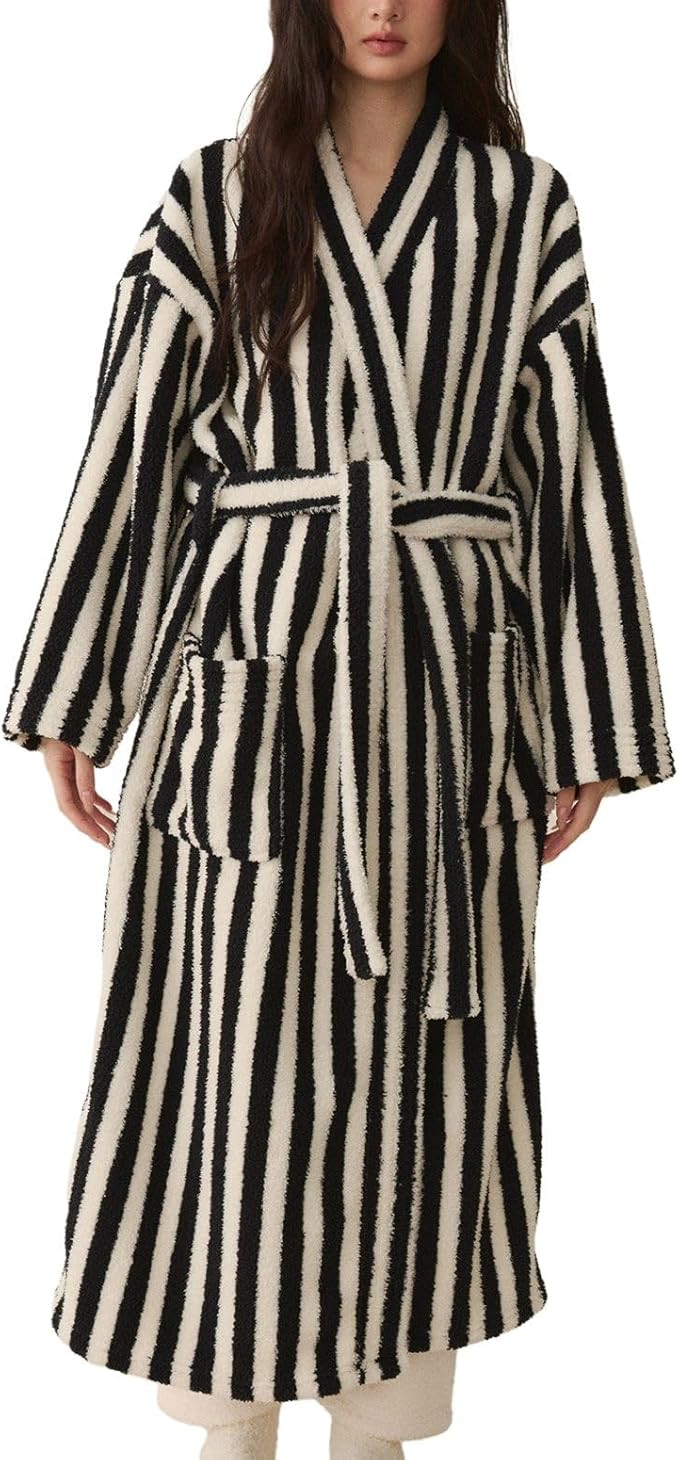 Women's Fuzzy Fleece Long Robe Striped Plush Kimono Warm Thick Fluffy Oversized V Neck Loungewear... | Amazon (US)