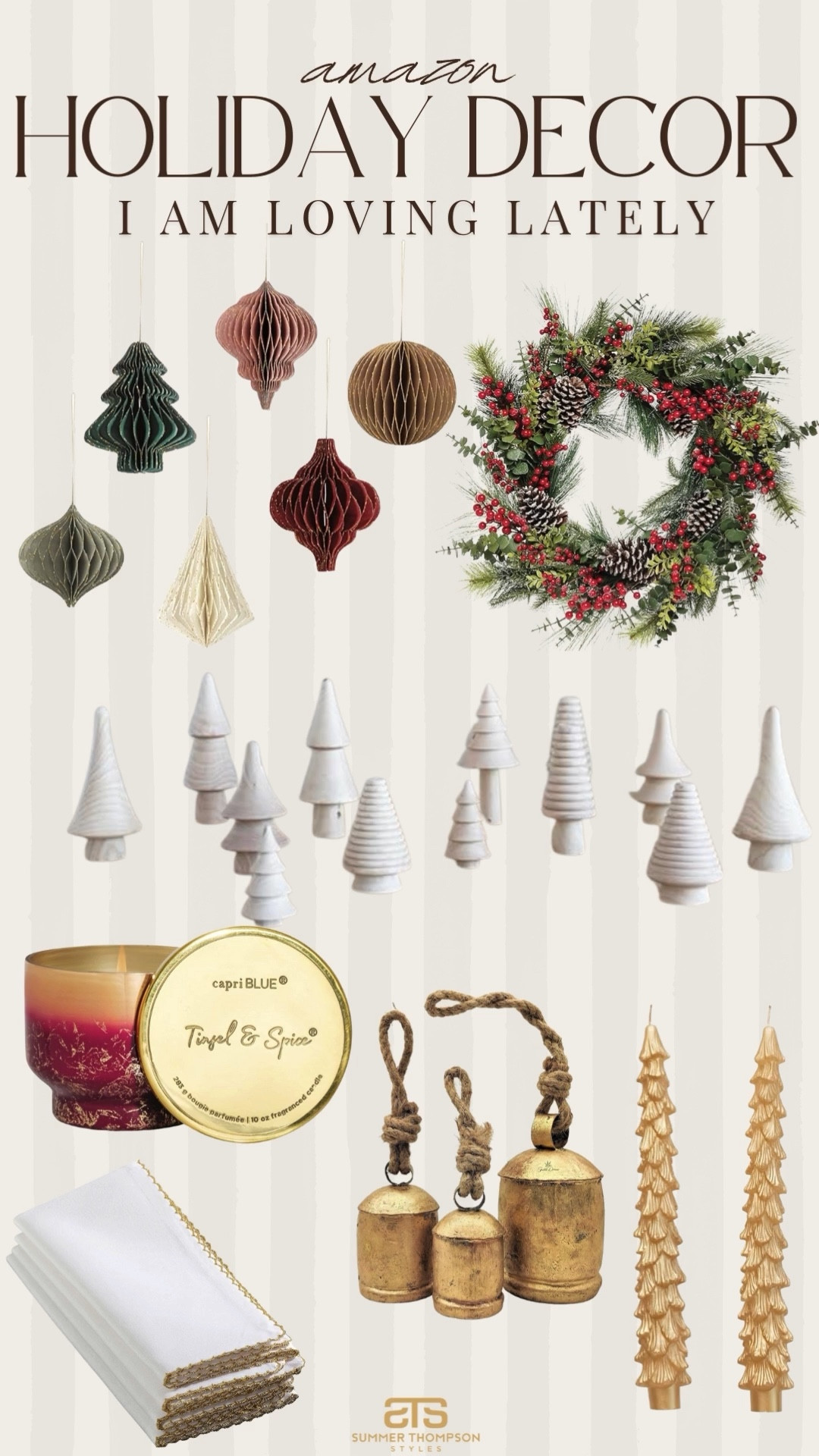 Amazon holiday decor I’ve been loving lately! 

Faux wreath. Berries. Pine cones. Paper ornaments. Wooden trees. Capri blue candle. Gold bells. Candlesticks. Cloth napkins  

#LTKHome #LTKFindsUnder100 #LTKHoliday