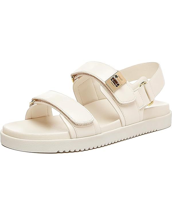Women's Flat Sandals Comfort Adjustable Double Strap Slip on Leather Footbed Sandals | Amazon (US)