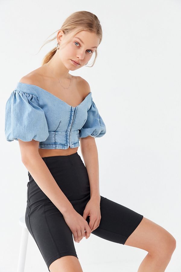 Finders Keepers Lemonade Denim Puff Sleeve Cropped Top | Urban Outfitters (US and RoW)