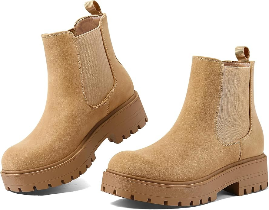 mysoft Women's Chelsea boots Low Heel Slip On Lug Sole Elastic Ankle Booties | Amazon (US)