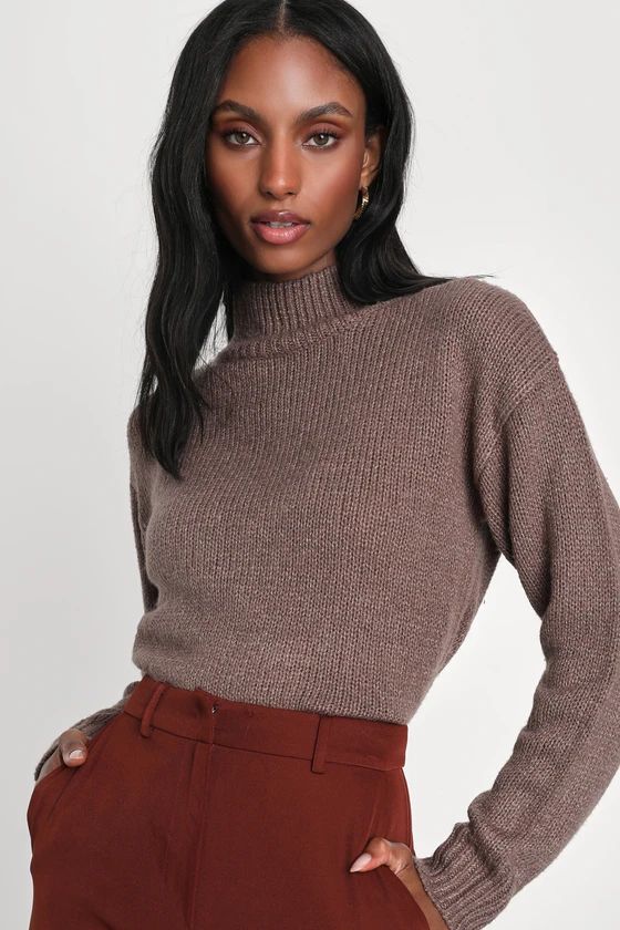 Cozy Thoughts Heather Brown Mock Neck Cropped Pullover Sweater | Lulus (US)