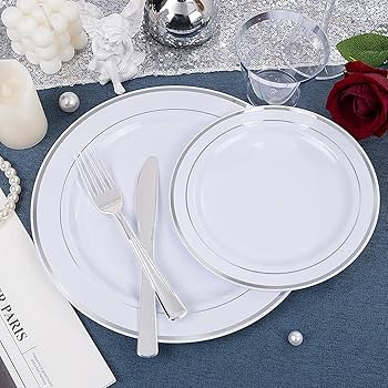 Amazon.com: WDF Partyware 350 Pcs Silver Plastic Plates - Silver Dinnerware Set of 50 Dinner Plat... | Amazon (US)