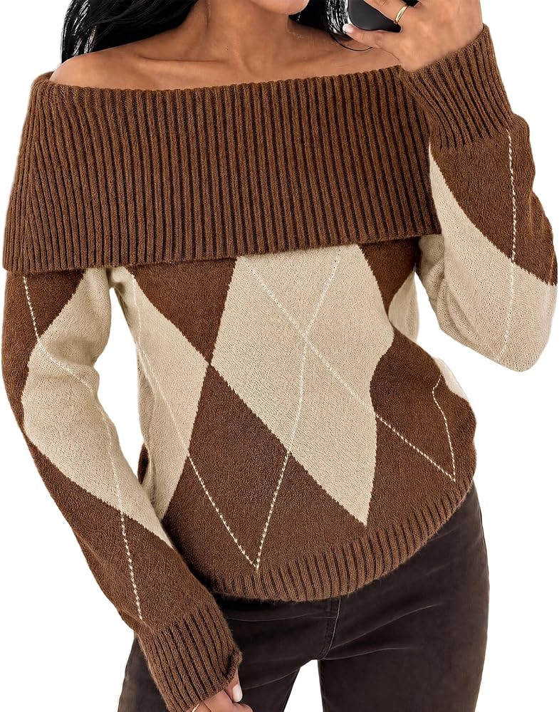 Cicy Bell Womens Off the Shoulder Argyle Sweater Color Block Knit Pullover | Amazon (US)