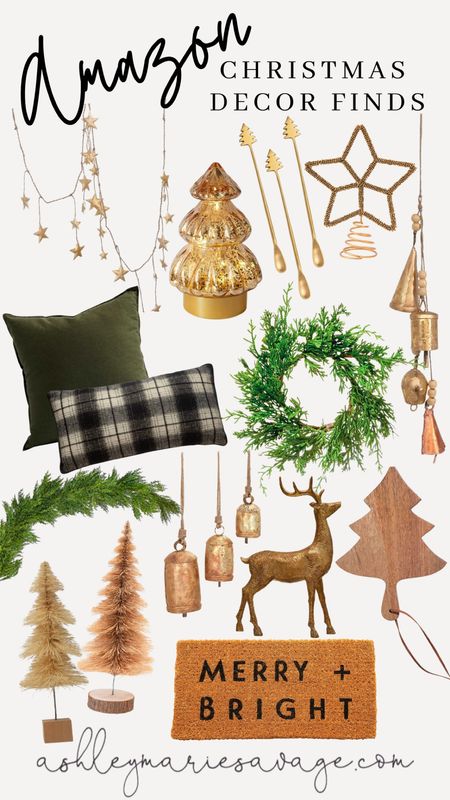 Amazon Christmas home decor finds 
Wreath and garland
Gold bells
Mercury glass tree
Bottle brush trees
Star garland

#LTKSeasonal #LTKhome #LTKHoliday
