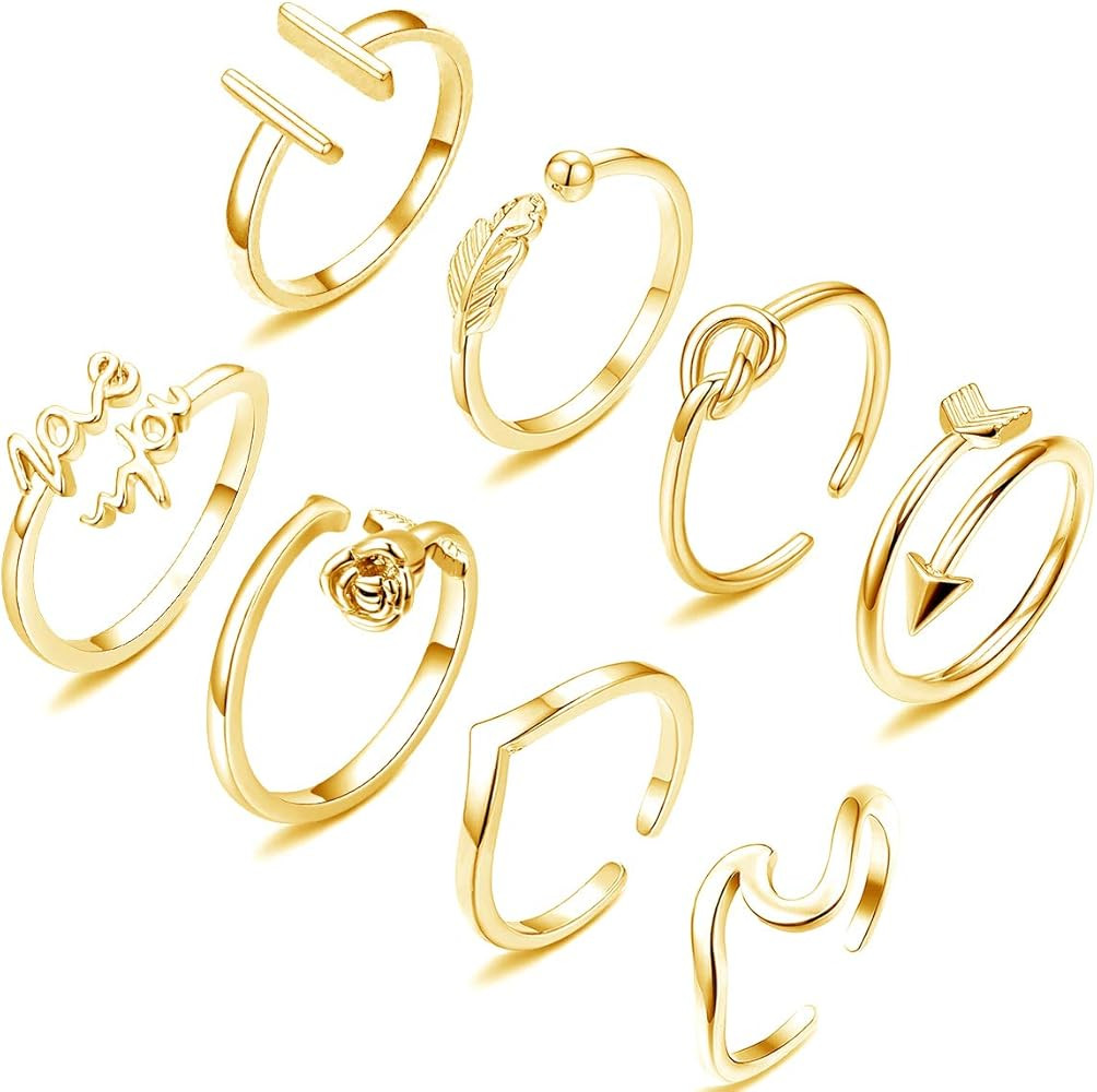 8pcs Adjustable Rings for Women Chevron Arrow Wave Ring Simple Open Rings Set Stackable Thumb Rin... | Amazon (US)