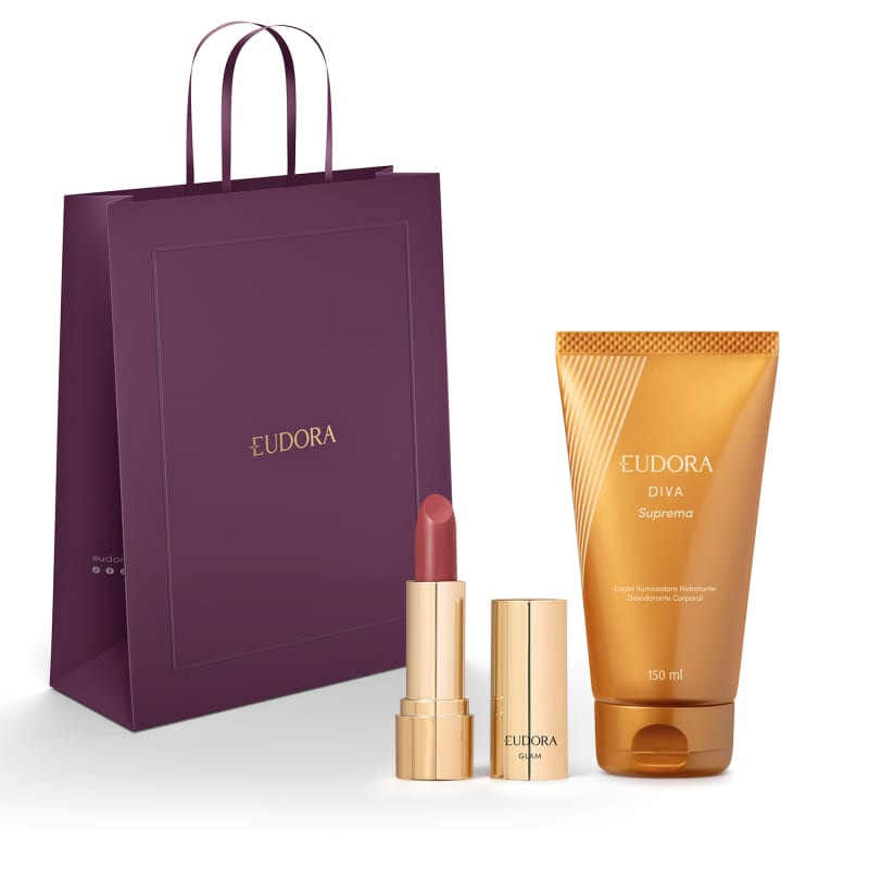 Combo Dia das Mães Diva Suprema: Loção Iluminadora 150ml + Batom Cremoso Rose Diva 3,6g + Saco... | Eudora (BR)
