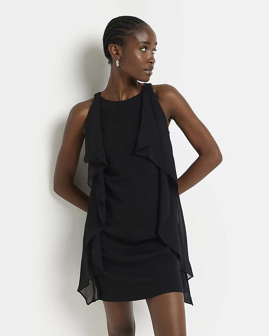 Black frill sleeveless mini shift dress | River Island (UK & IE)
