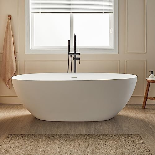 Cpingao 59" Stone Resin Freestanding Bathtub, Elegant Oval Shape Soaking Tub, Solid Surface Stand Alone Bathtub with Drain & Integrated Slotted Overflow Matte White 8845-1500 | Amazon (US)