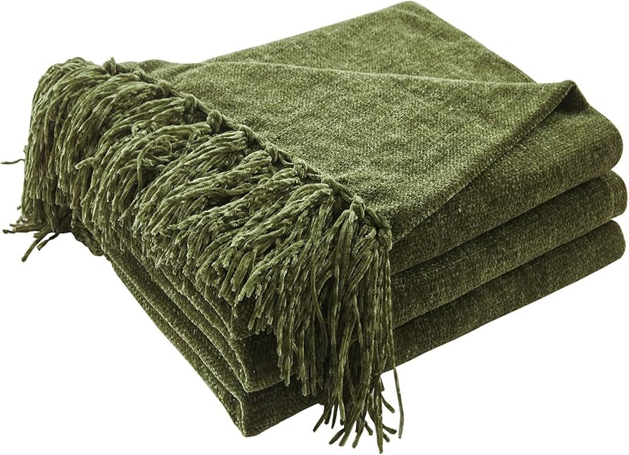 CozeCube Chenille Throw Blanket for Couch, Cozy Plush Fuzzy Decorative Olive Green Blanket with F... | Amazon (US)