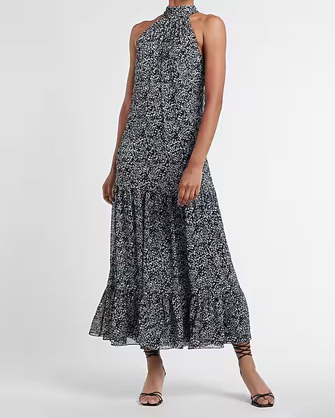 Printed High Neck Tie Back Tiered Maxi Dress | Express