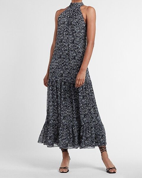 Printed High Neck Tie Back Tiered Maxi Dress | Express