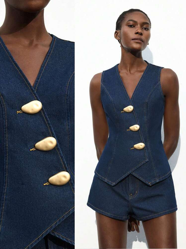 Maija Women's Dark Blue Denim Suit Sleeveless Vest Plus Denim Shorts Old Money Style Metal Buckle Decoration Office Wear Ins Style | SHEIN