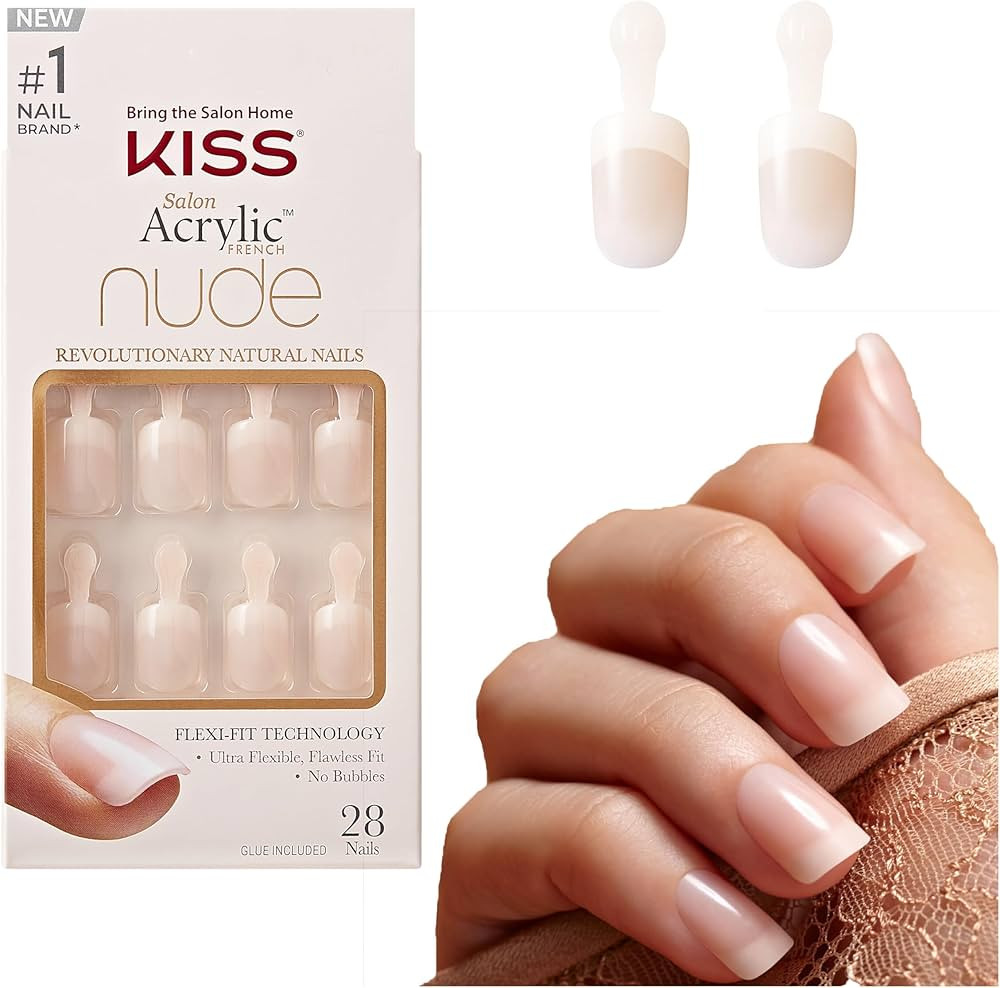 KISS Salon Acrylic Nude French Tip Press On Nails Short, ‘Breathtaking’, Beige, Squoval, Incl... | Amazon (US)