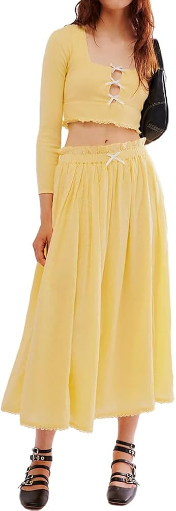 2 Piece Skirt Sets for Women Cute Bow Knot Ribbed Long Sleeve Cut Out Crop Top and Maxi Flowy Kni... | Amazon (US)