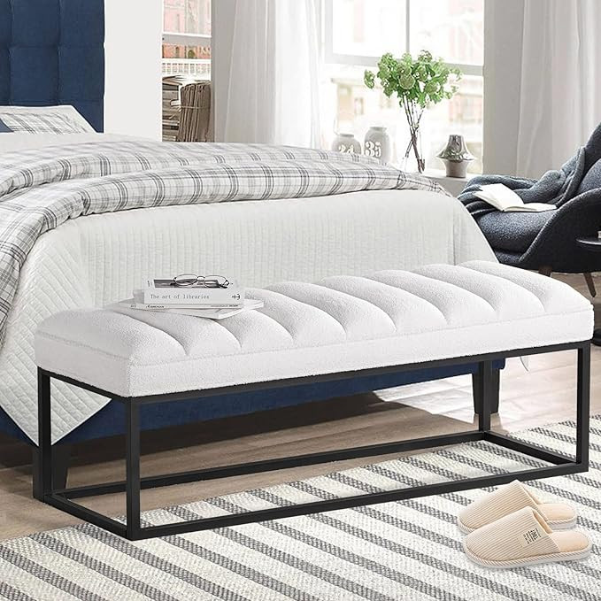 60 Inch Ottoman Bench Upholstered White Velvet Bedroom Bench，Button Tufted Entryway Bench Ottom... | Amazon (US)