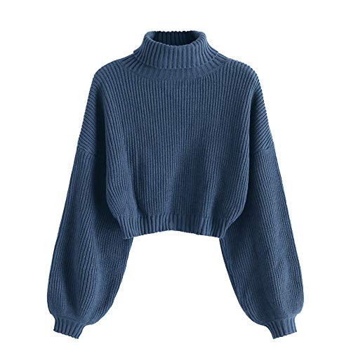 ZAFUL Women's Pullover Sweater Drop Shoulder Plain Knitted Cropped Sweater Pullover High Neckline Solid Long Sleeve Cropped Top(Large,Blue Ivy) | Amazon (US)