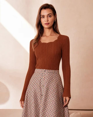 Brown Long Sleeve Textured Knit Sweater | rihoas.com
