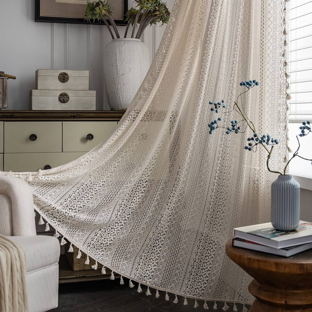 Sutuo Home Boho Curtain Crochet Lace Semi-Sheer Bohemian Hollow Knitted Handmade Tassels, Rod Poc... | Amazon (US)