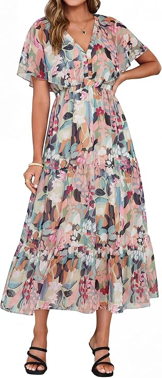 Simplee Womens Floral Boho Maxi Dress Summer Beach Wedding Guest V Neck Ruffle Sleeve Long Flowy ... | Amazon (US)