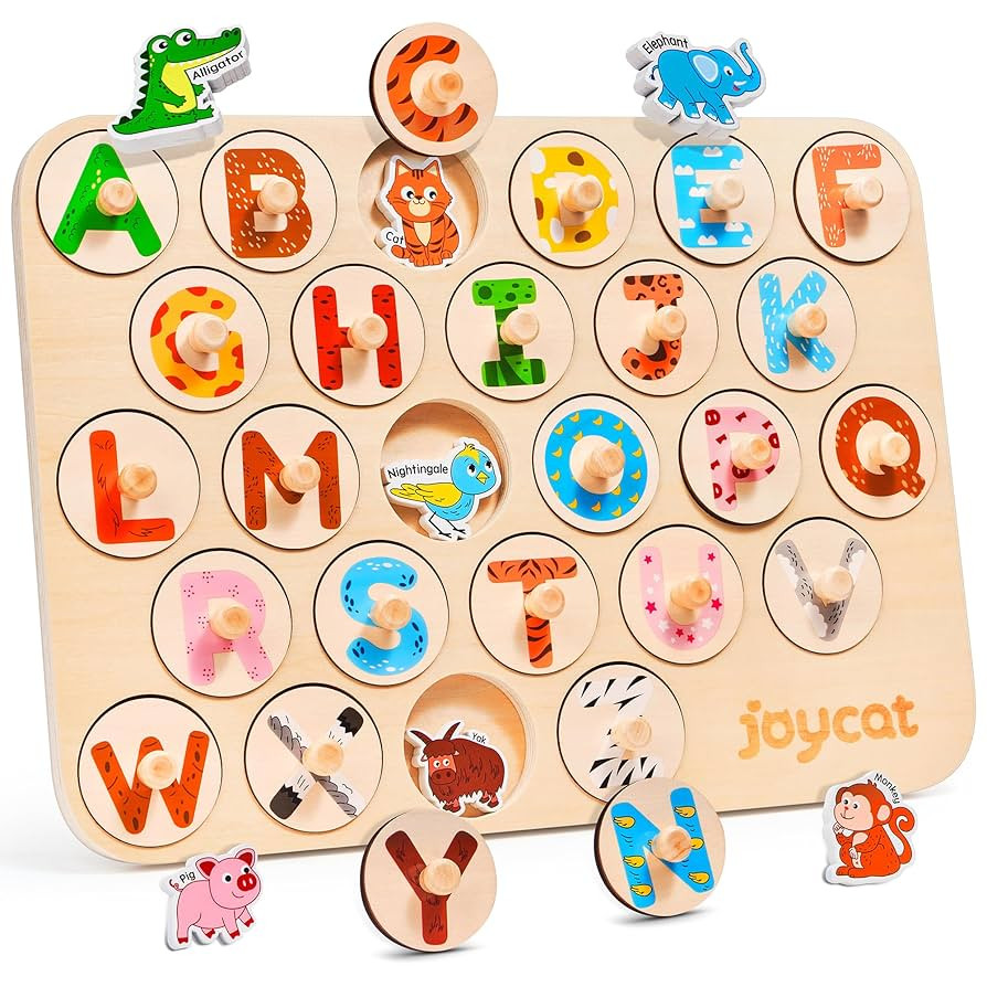 JoyCat Wooden Puzzles for Toddlers 1-3, 52 Pcs Large Size Letter Matching Animal Alphabet Peg Puz... | Amazon (US)