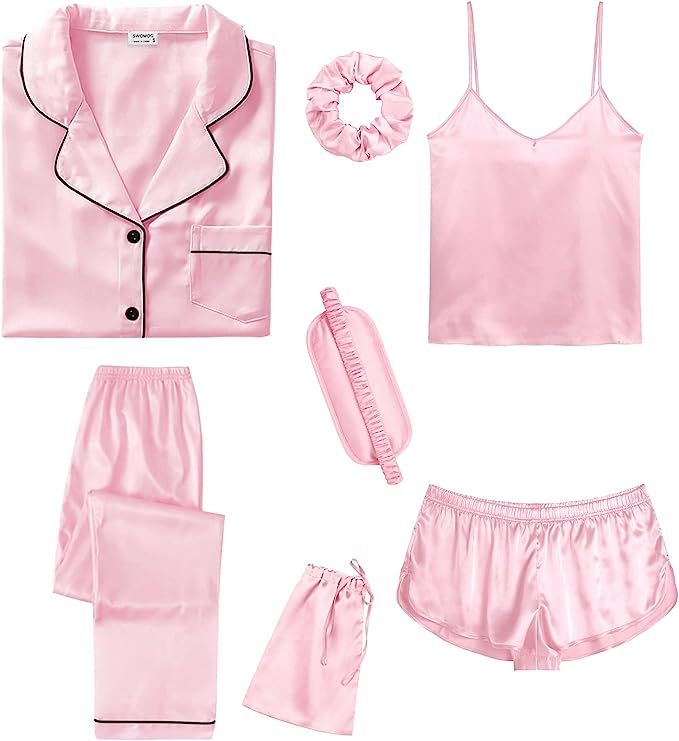 SWOMOG Womens 7pcs Silk Satin Pajamas Sets Short Sleeve Button Down Shirt Camisole Shorts Pjs Set... | Amazon (US)