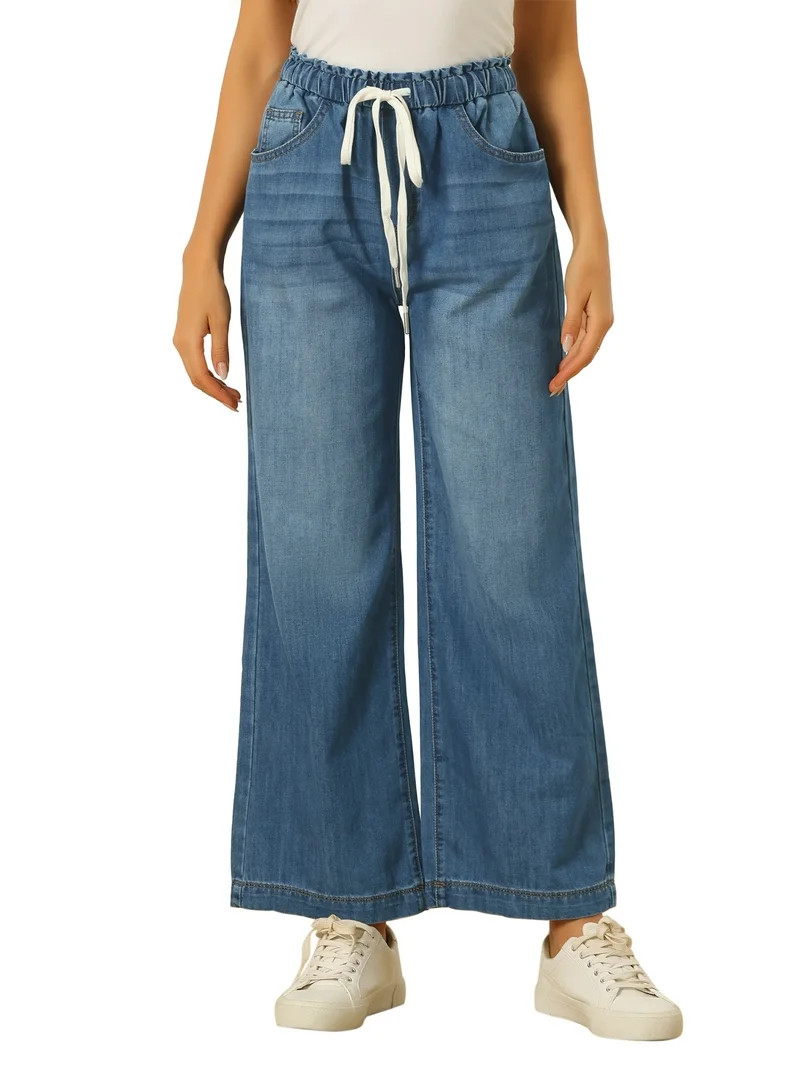 INSPIRE CHIC Women's Wide Leg Jeans Drawstring Elastic Waist Casual Denim Pants with Pockets Blue... | Walmart (US)