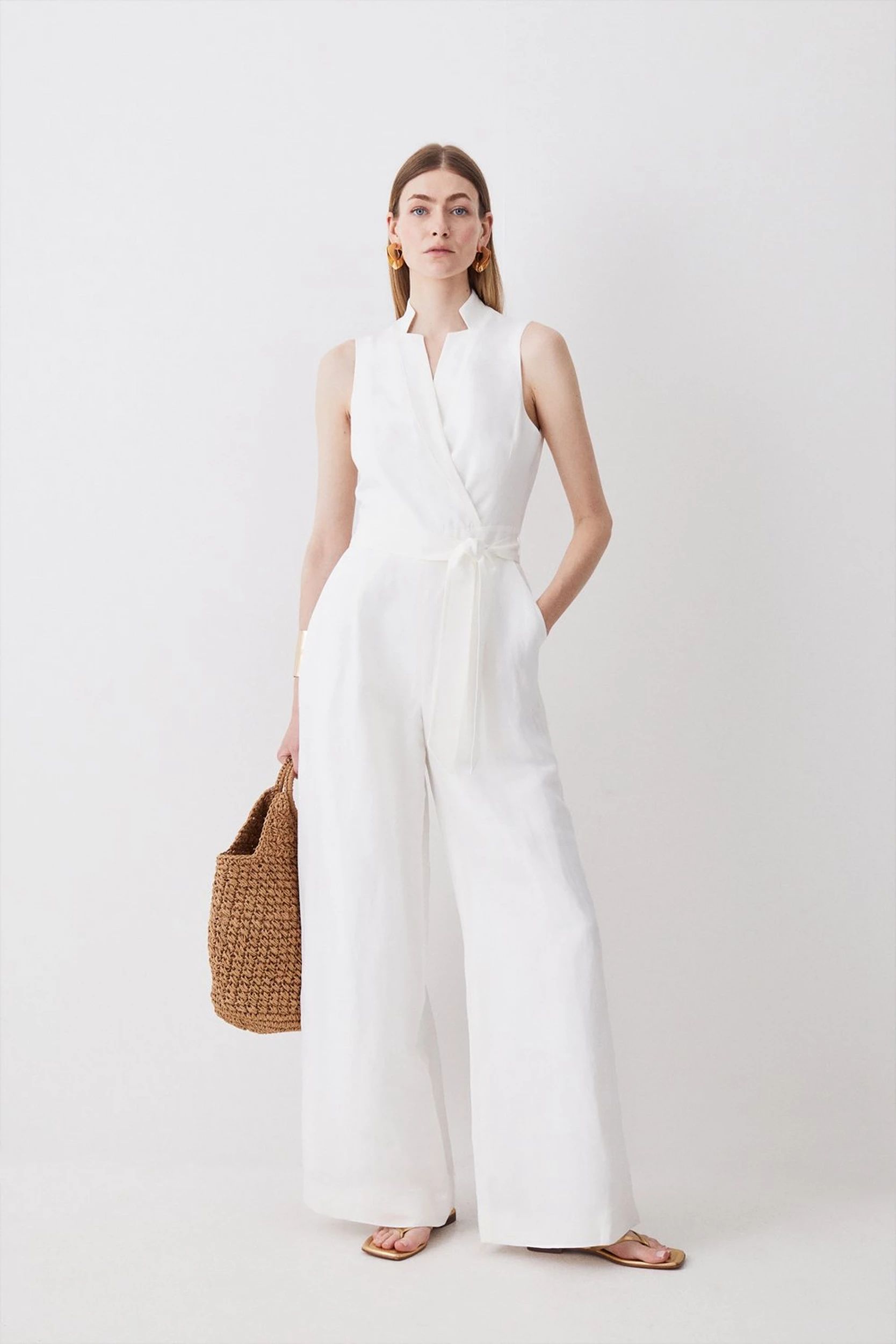 Tall Linen Notch Neck Belted Jumpsuit | Karen Millen US