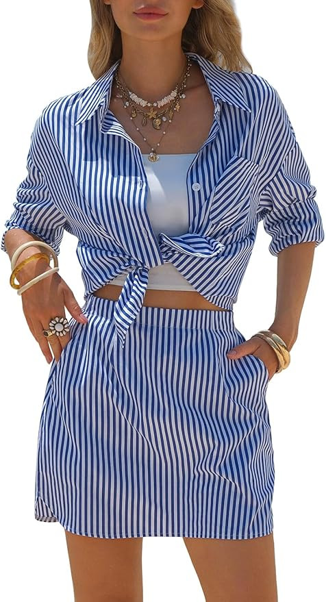 EXLURA Womens Summer 2 Piece Sets 100% Cotton Striped Long Sleeve Button Shirts Matching Skirt Be... | Amazon (US)