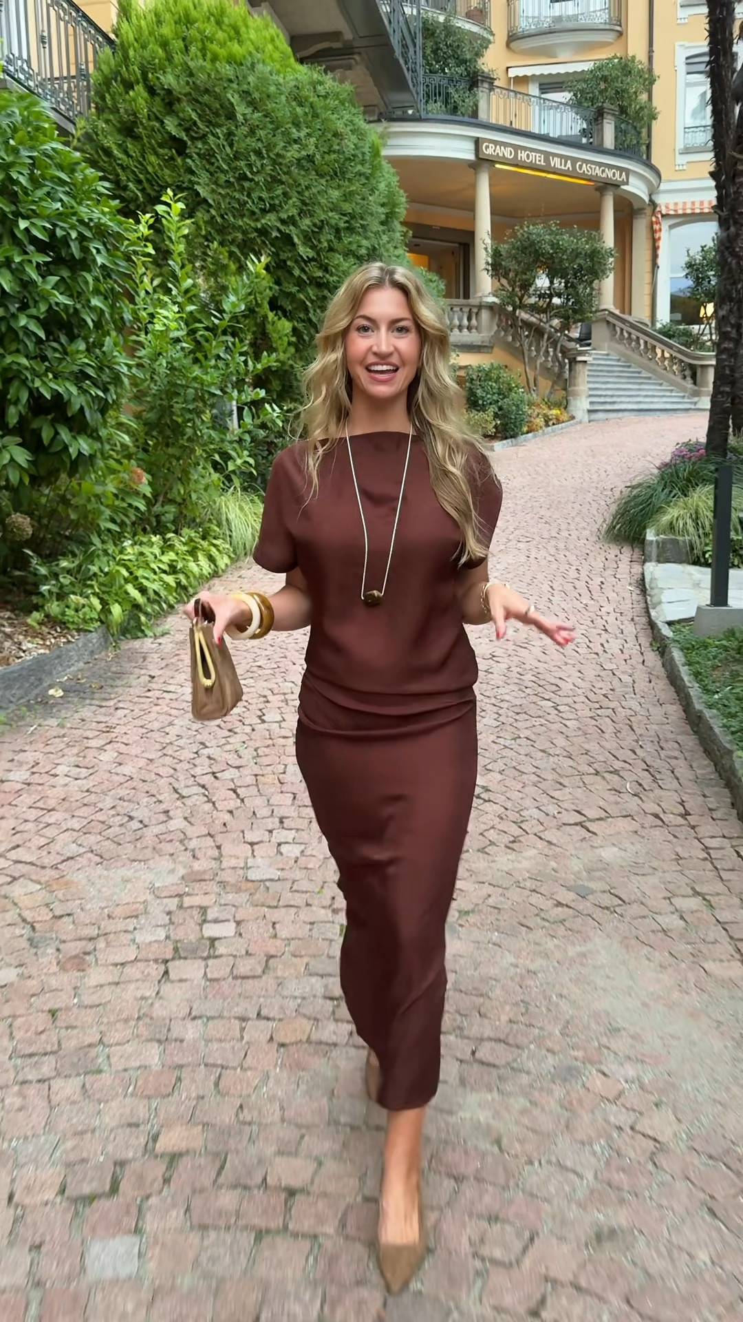 Brown silk dress for dinner tonight: runs TTS
Suede kitten heels: run TTS
Long tigers eye necklace  

#LTKSeasonal #LTKTravel #LTKStyleTip