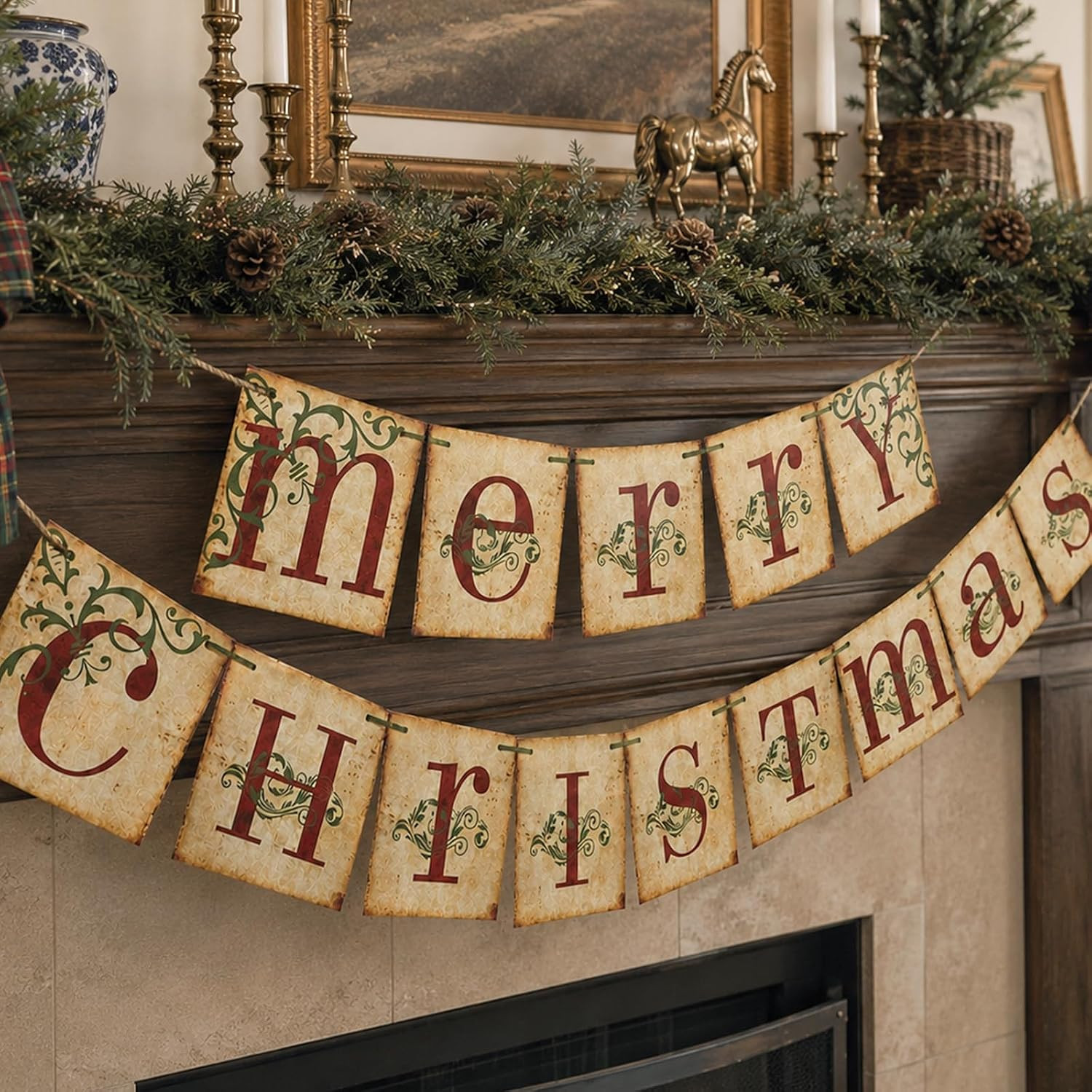 Christmas Decorations - Vintage Merry Christmas Banner - Retro Nostalgic Traditional Old Fashioned Victorian Xmas Holiday Decor for Indoor Home Office Fireplace Mantle Farmhouse | Amazon (US)