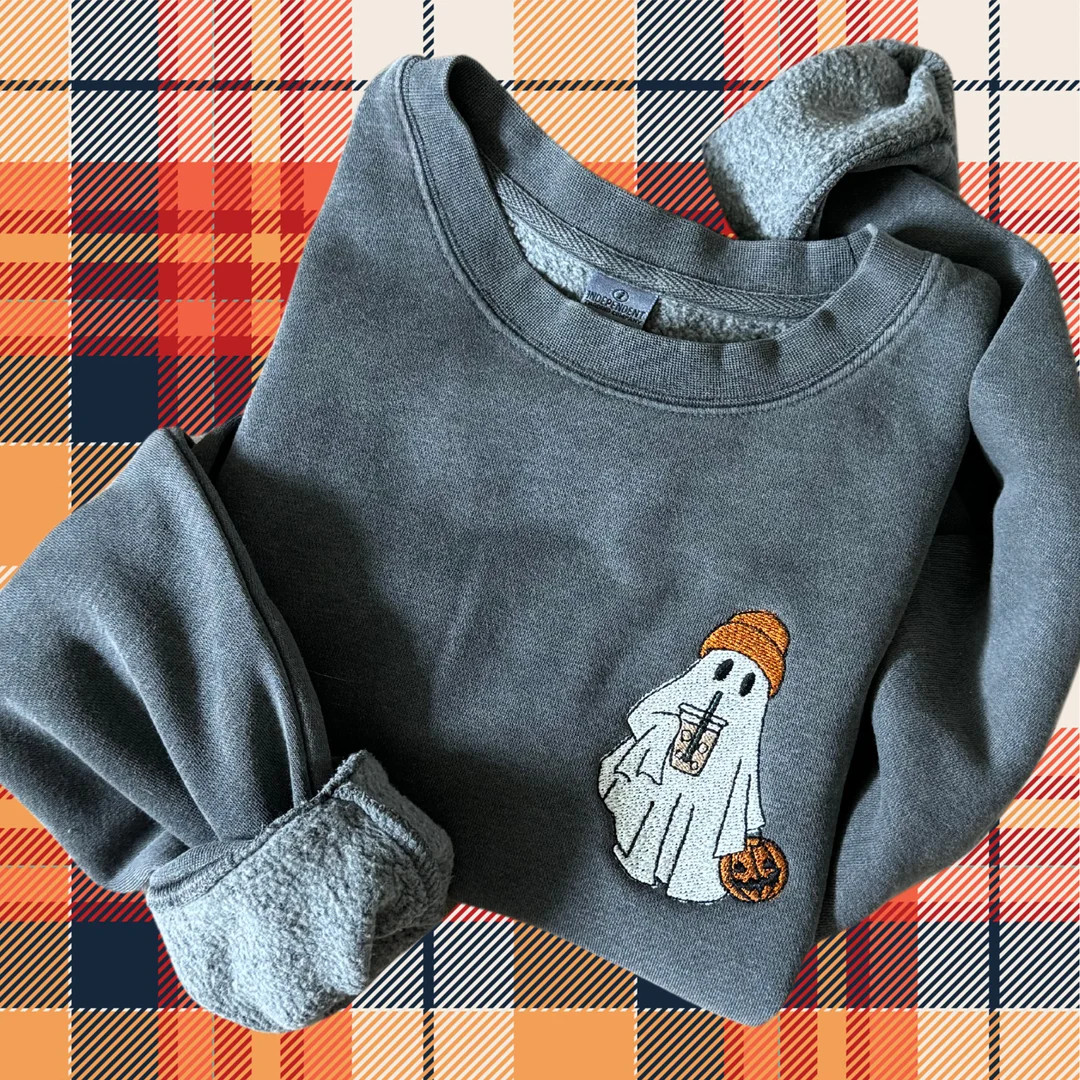 Embroidered Coffee Ghost Sweatshirt, High Quality Pigment Dyed Crewneck Pullover, Trendy Fall Swe... | Etsy (US)