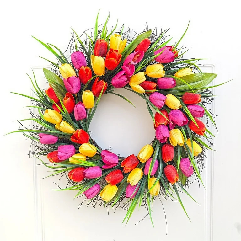 20" Tulip Wreaths for Front Door Décor,Springtime Silk Flower Wreath for Front Door in Summer/Sp... | Walmart (US)