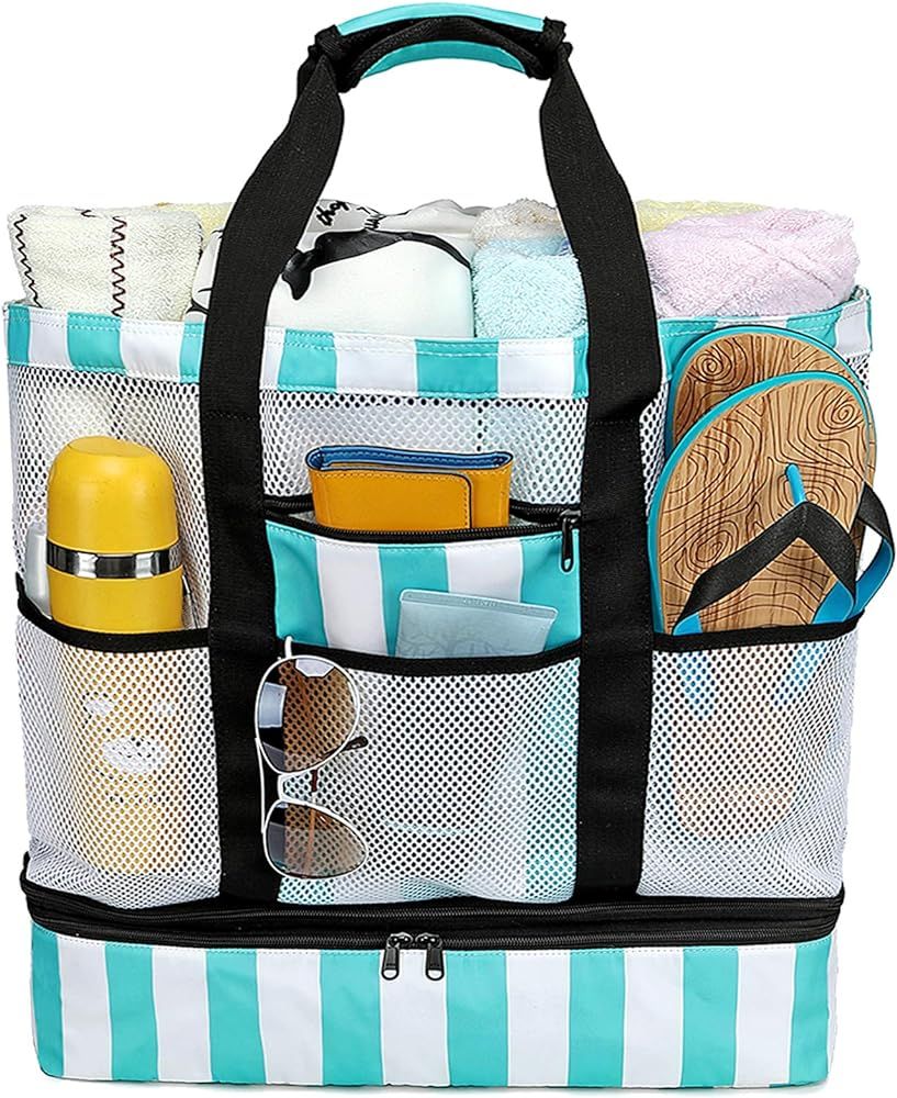 CAMTOP Beach Bag Mesh Beach Tote with Cooler Compartment Oversized Toy Tote Bag with Zipper | Amazon (US)