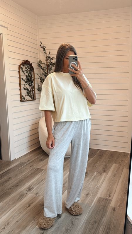Lululemon cropped tee on markdown in this pretty butter yellow color! I’m in a medium. I think these pants are restocked and I loveee them for lounging! Size small! 

#LTKfitness #LTKfindsunder50 #LTKstyletip