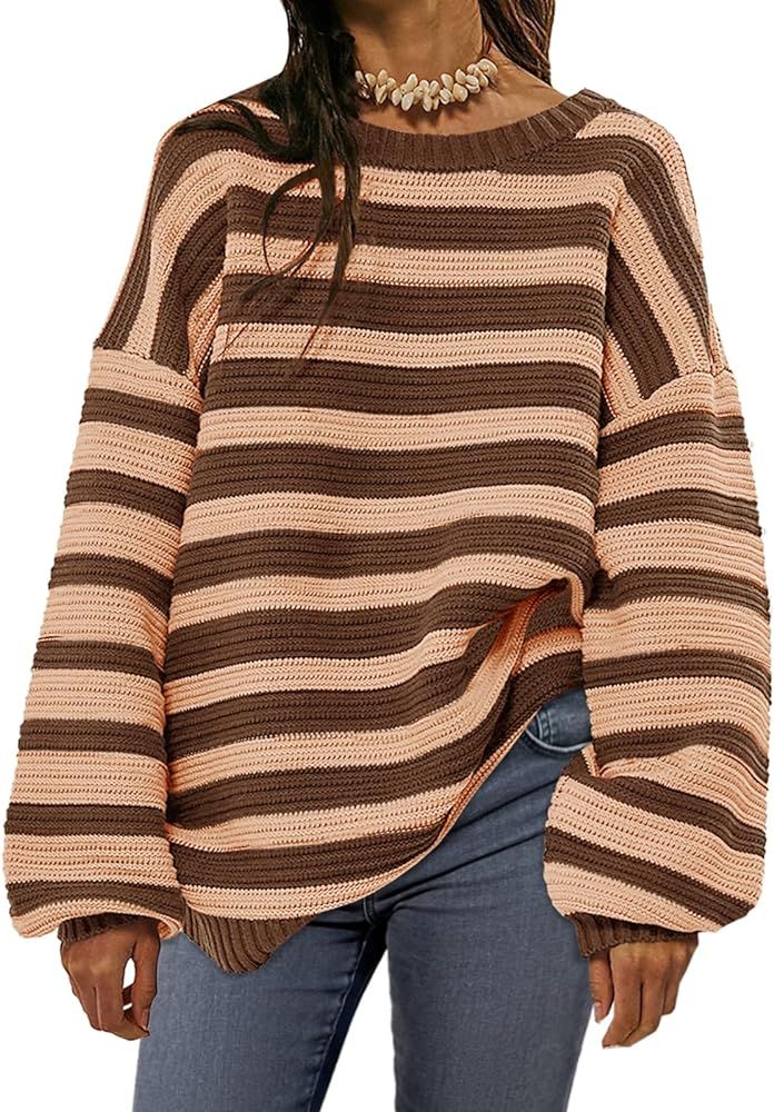 Saodimallsu Womens Striped Oversized Sweater Fall Slouchy Long Sleeve Ribbed Knit Pullover Sweate... | Amazon (US)