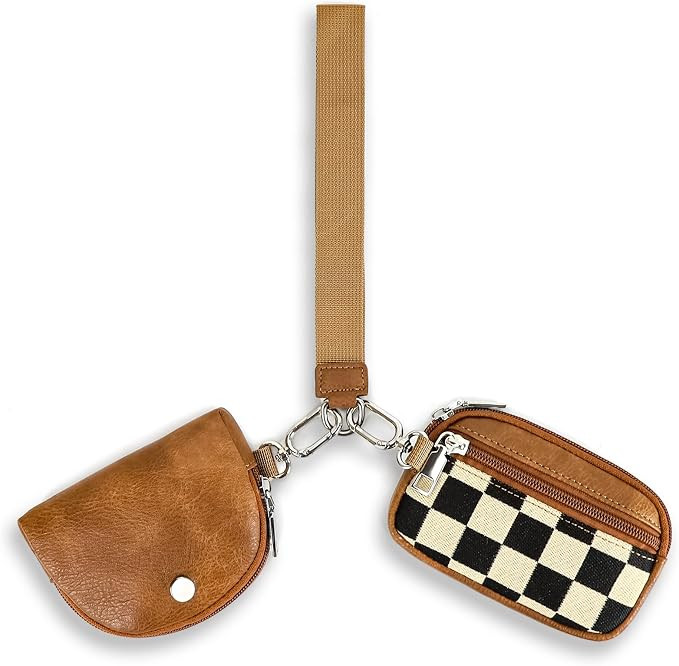 Checkered Dual Pouch Keychain Wallet for Women, Small Mini Zip Leather Coin Purse with Wrist Stra... | Amazon (US)