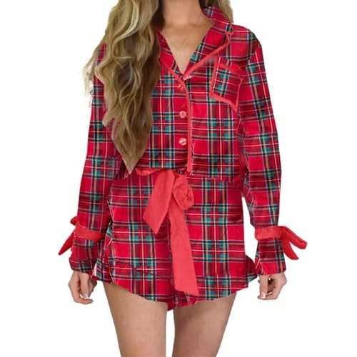 Muineobuka Women Christmas Plaid Pajamas Shorts Set Bow Tie Long Sleeve Shirts and Shorts 2 Piece Red Plaid Pjs Sets | Amazon (US)