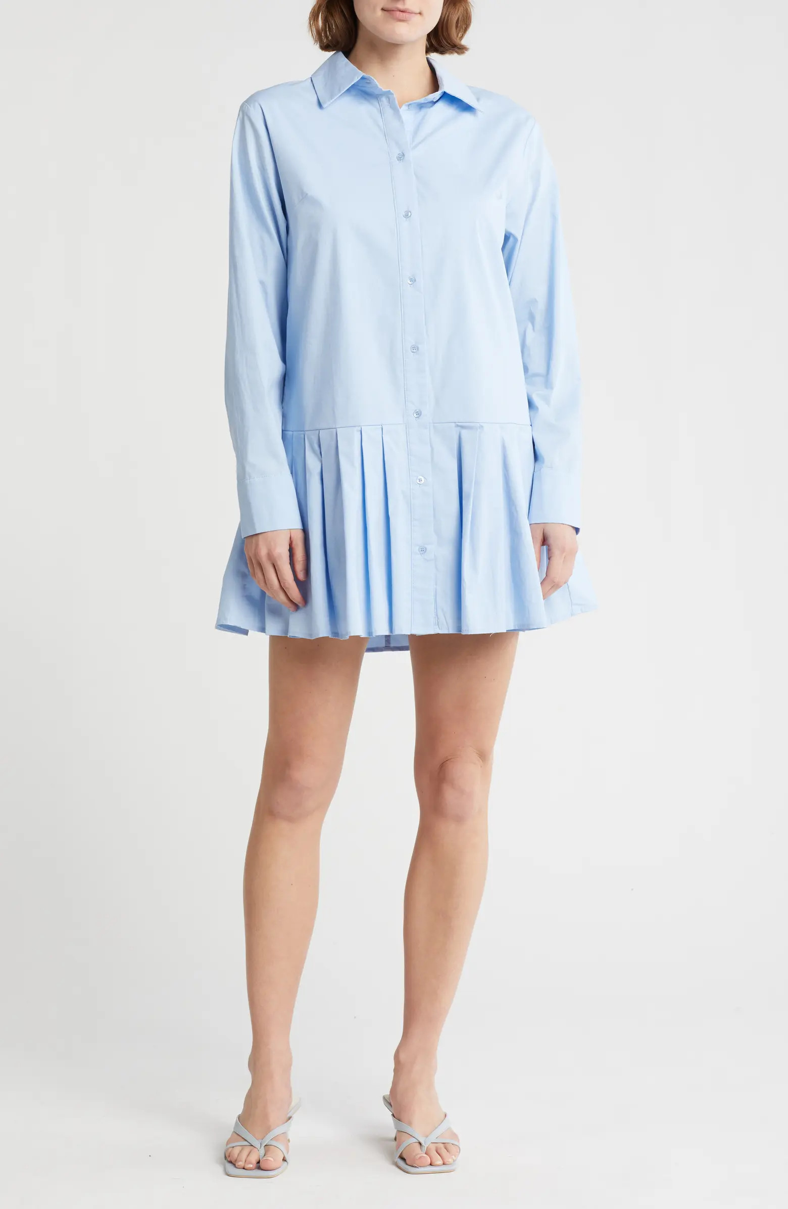 Pleated Long Sleeve Cotton Button-Up Shirtdress | Nordstrom Rack