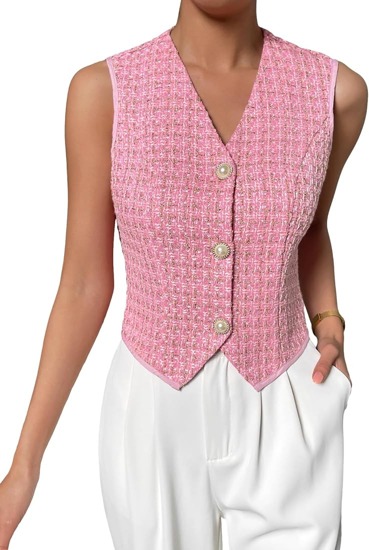 WDIRARA Women's Asymmetrical Hem Button Front Crop Blazer Sleeveless V Neck Blazer Vest | Amazon (US)