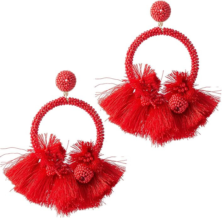 Large Fan Fringe Tassel Earrings For Women Fashion Statement Bohemian Big Denim Handmade Beaded H... | Amazon (US)