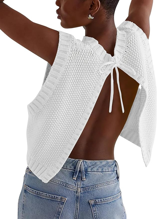 Cioatin Women Y2K Backless Tie Up Knit Crop Sweater Vest Sleeveless Round Neck Split Open Back Pu... | Amazon (US)