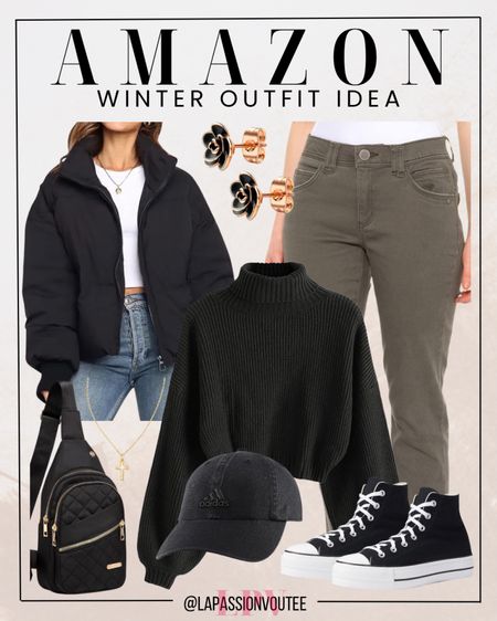 Bundle up in style with our Amazon winter outfit idea! Embrace chilly days with a chic ensemble—sport a cozy jacket, pair it with a long-sleeve sweater, sleek straight pants, and high-cut sneakers. Complete the look with a trendy crossbody bag, cap, and delicate flower stud earrings. Fashion meets warmth!

#LTKstyletip #LTKSeasonal #LTKHoliday