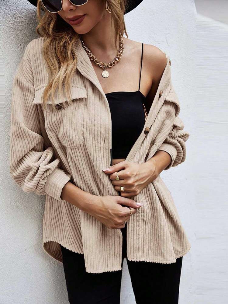 EMERY ROSE Flap Pocket Drop Shoulder Corduroy Coat | SHEIN